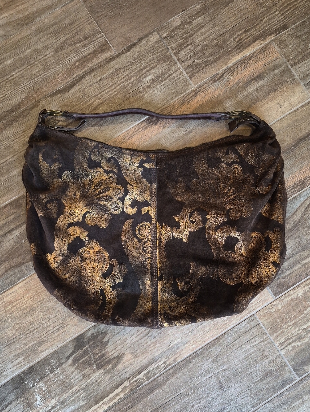 Lucky Brand Brown Suede & Gold Foilage Pleated Detail Bohemian Hobo Shoulder Bag - Picture 8 of 16